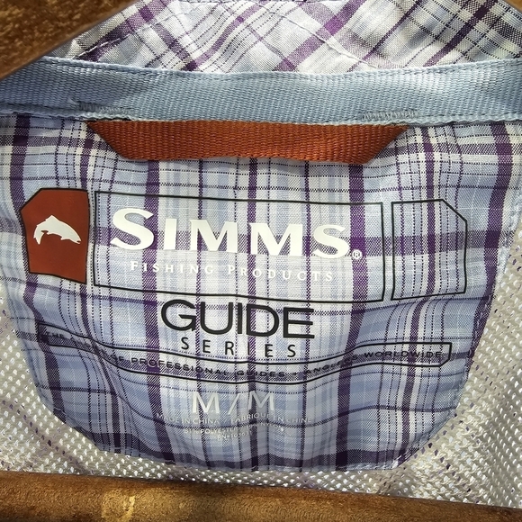 Simms Shirt Women Medium Purple Blue Button Up Long Plaid Vented Fishing Guide - Picture 3 of 10